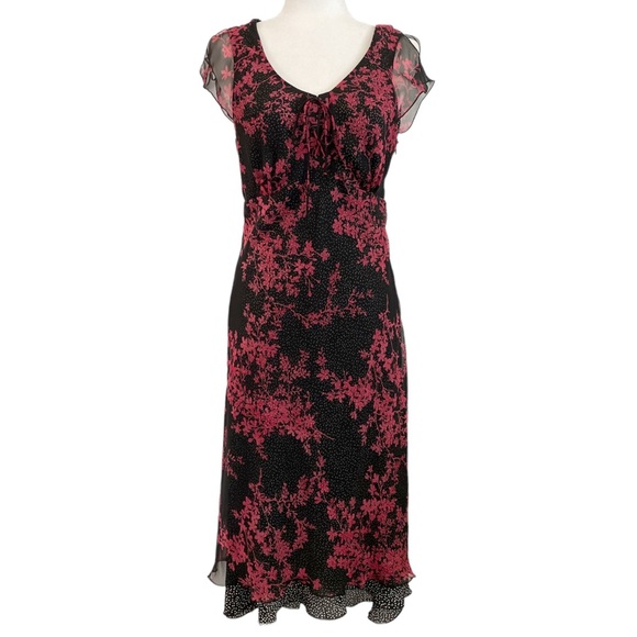 Ombre Dresses & Skirts - Vintage Ombre Hi Low Y2K Burgundy Floral Polka Dot Midi Dress Flutter Sleeves